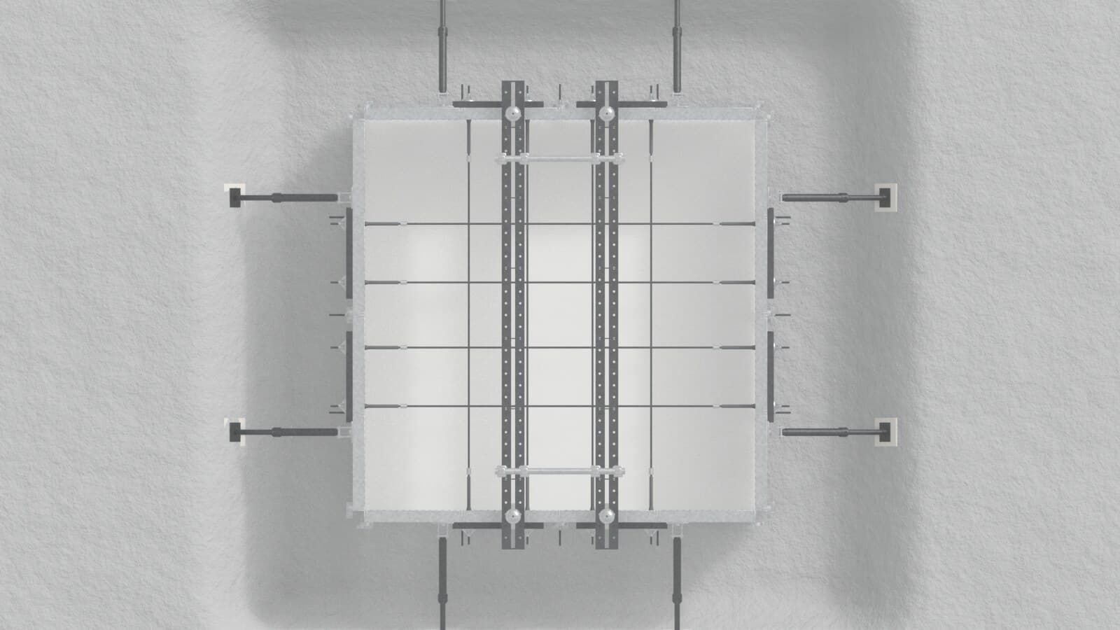 Plan view of the assembled 3m x 3m Doka Frami pad foundation shutter with trench struts to the bank
