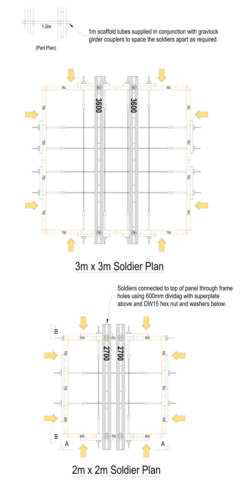 Doka Frami pad foundation formwork: soldier plans for the 3m x 3m and 2m x 2m shutters