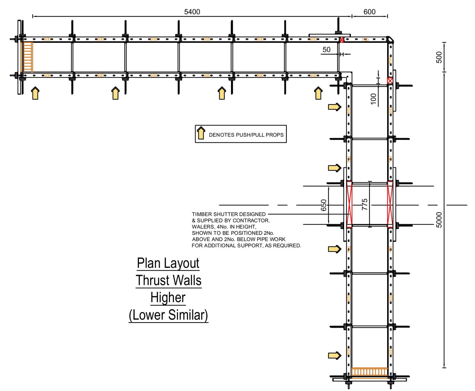 Plan layout of the higher thrust wall Frami formwork, lower wall similar