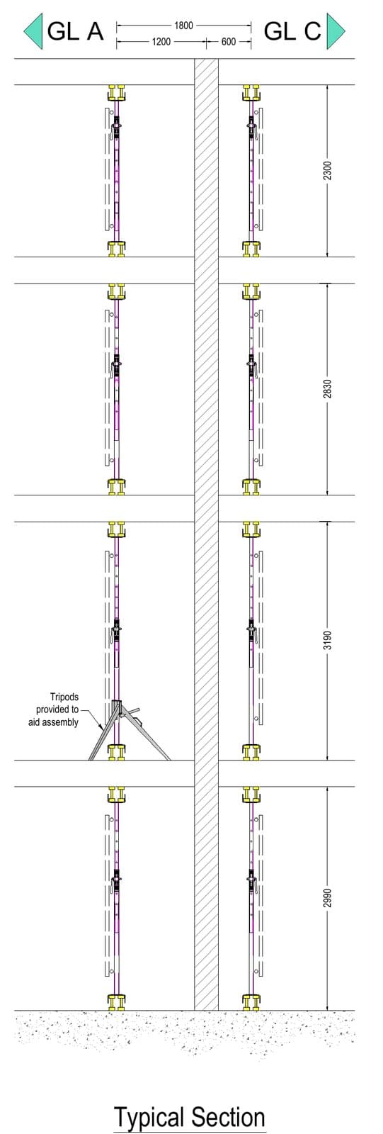Typical section through the multi-level floor propping on both sides of the wall