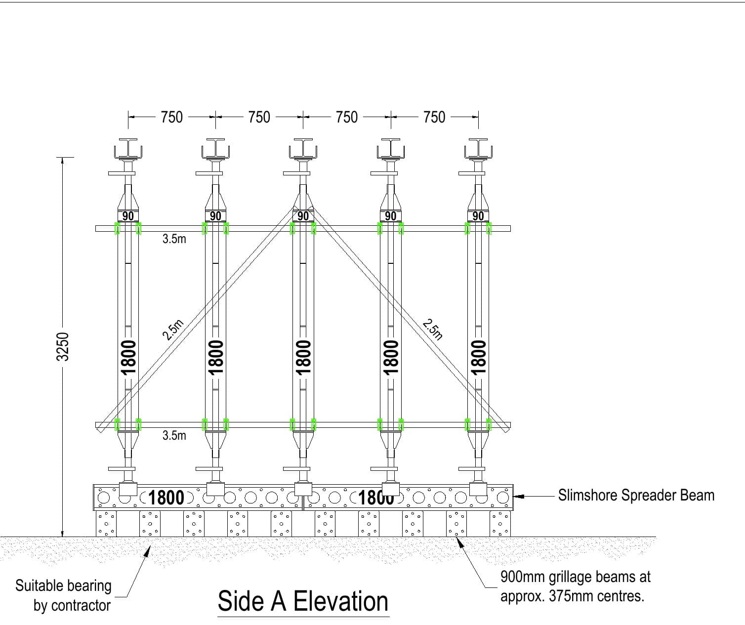 Side A elevation of the needling for the 4m rear opening on Slimshore spreader beams