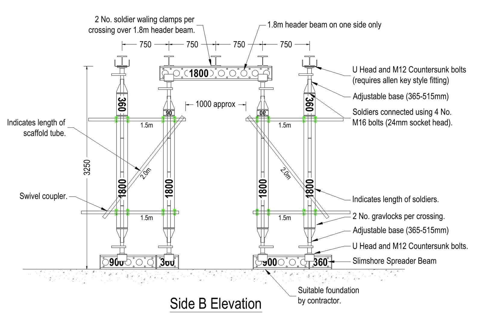 Side B elevation of the needling for the 4m rear opening with 152x152 UC needles