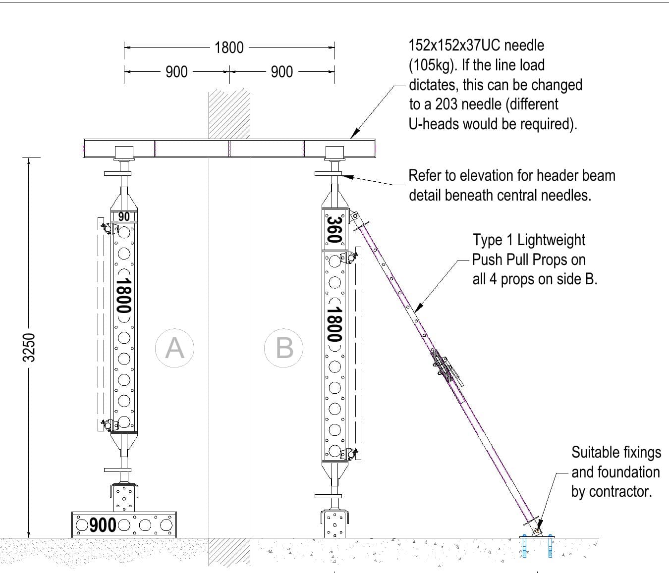 Typical section through the needling for the 4m opening at the rear of the building