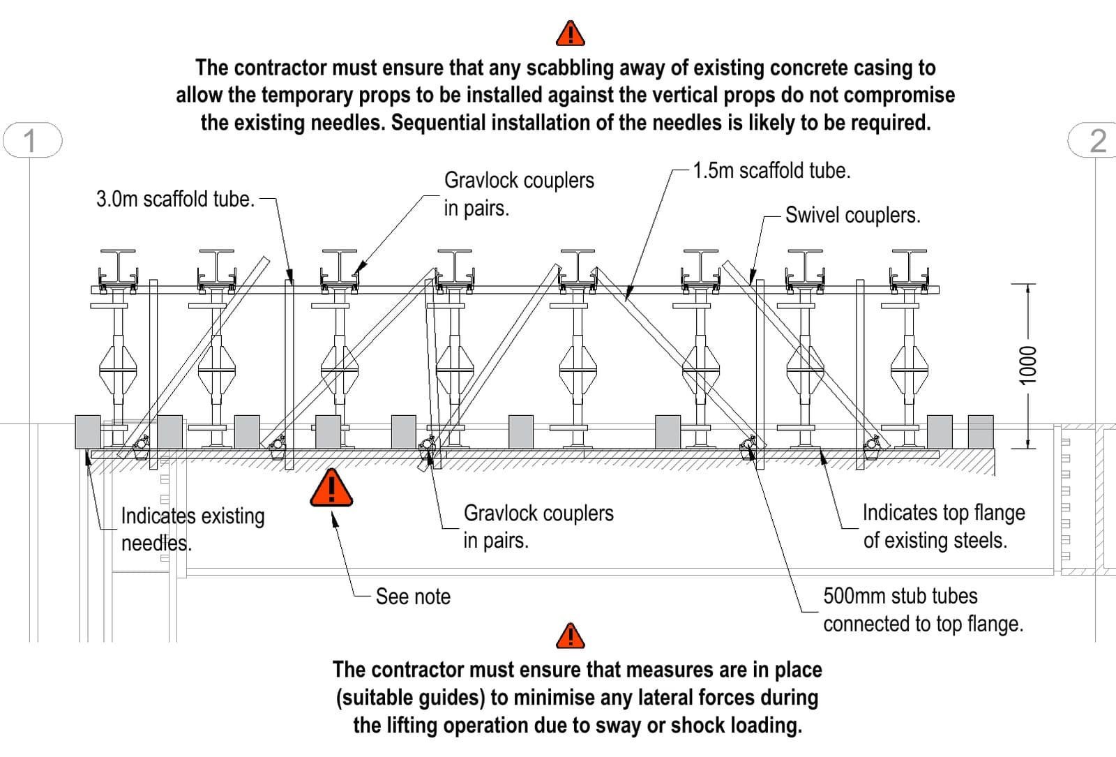 Elevation of the needling standing on the top flanges of existing steels at the front of the building
