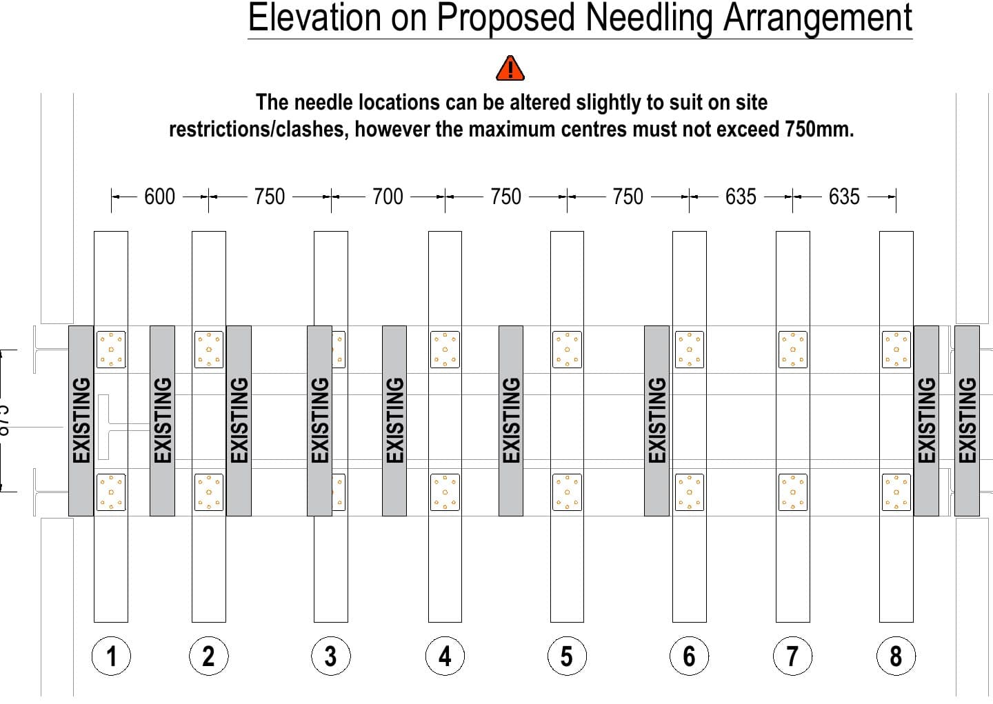 Plan view showing the eight needle positions and key dimensions at the front of the building
