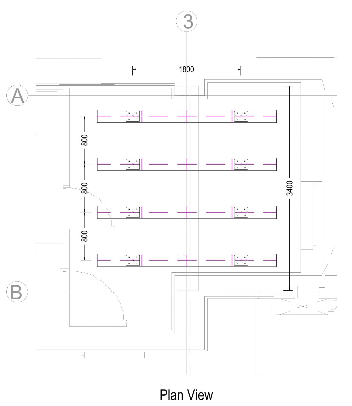 Plan view of the reverse needle positions in the wall