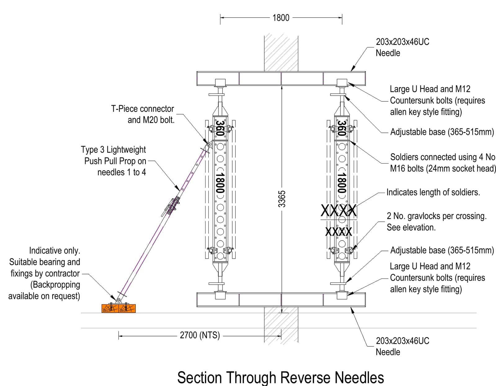 Section through the reverse needles, with props founded on lower needles through the wall below