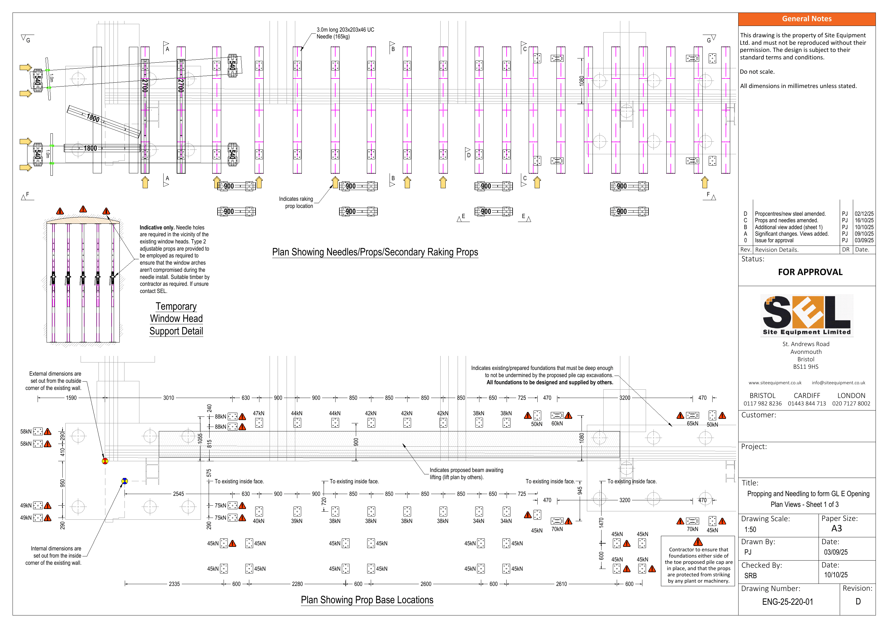 Temporary works design plan views showing needle, prop and raking prop positions across the opening