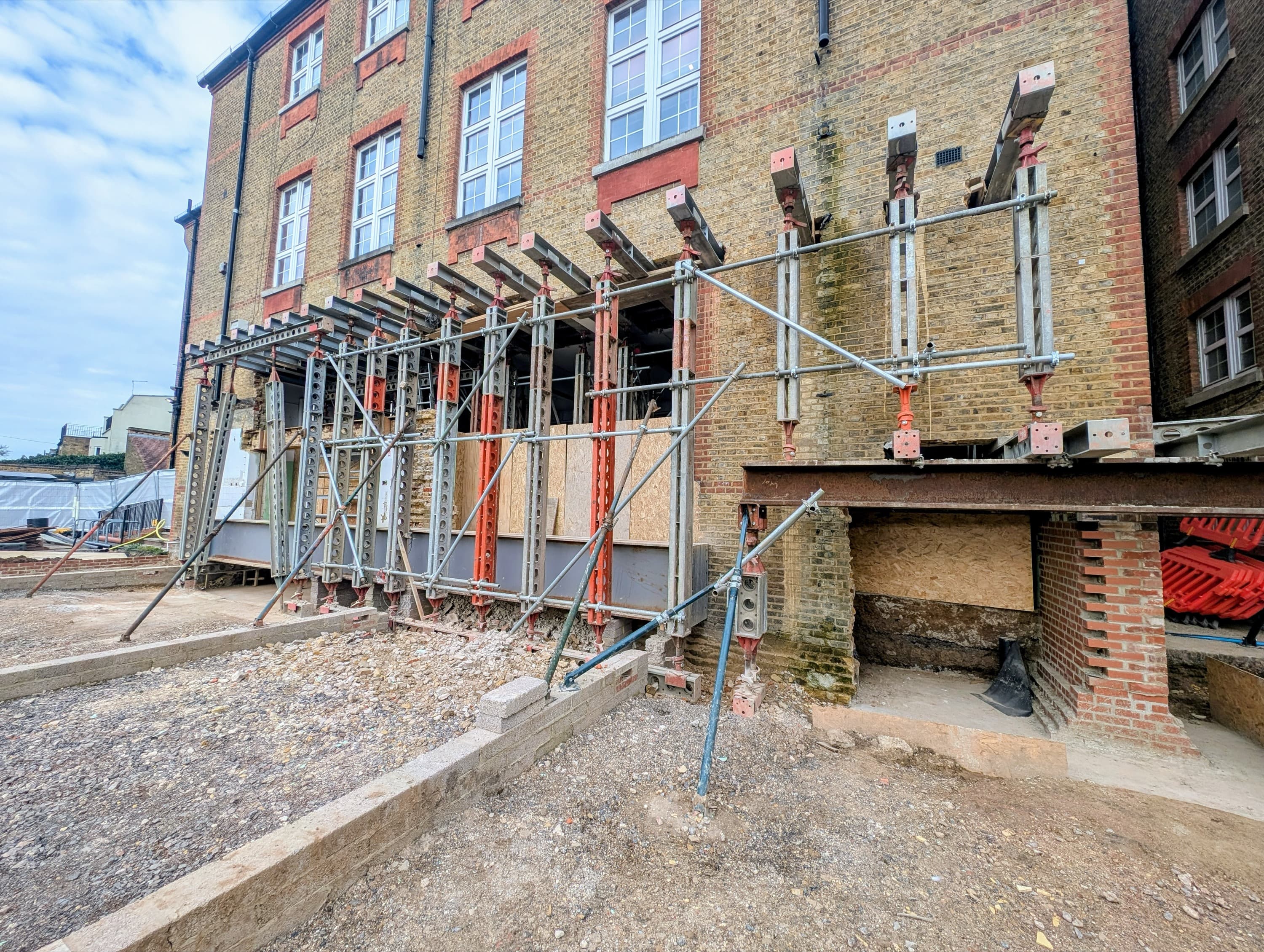Corner of the existing building undermined for the new pile-cap foundation