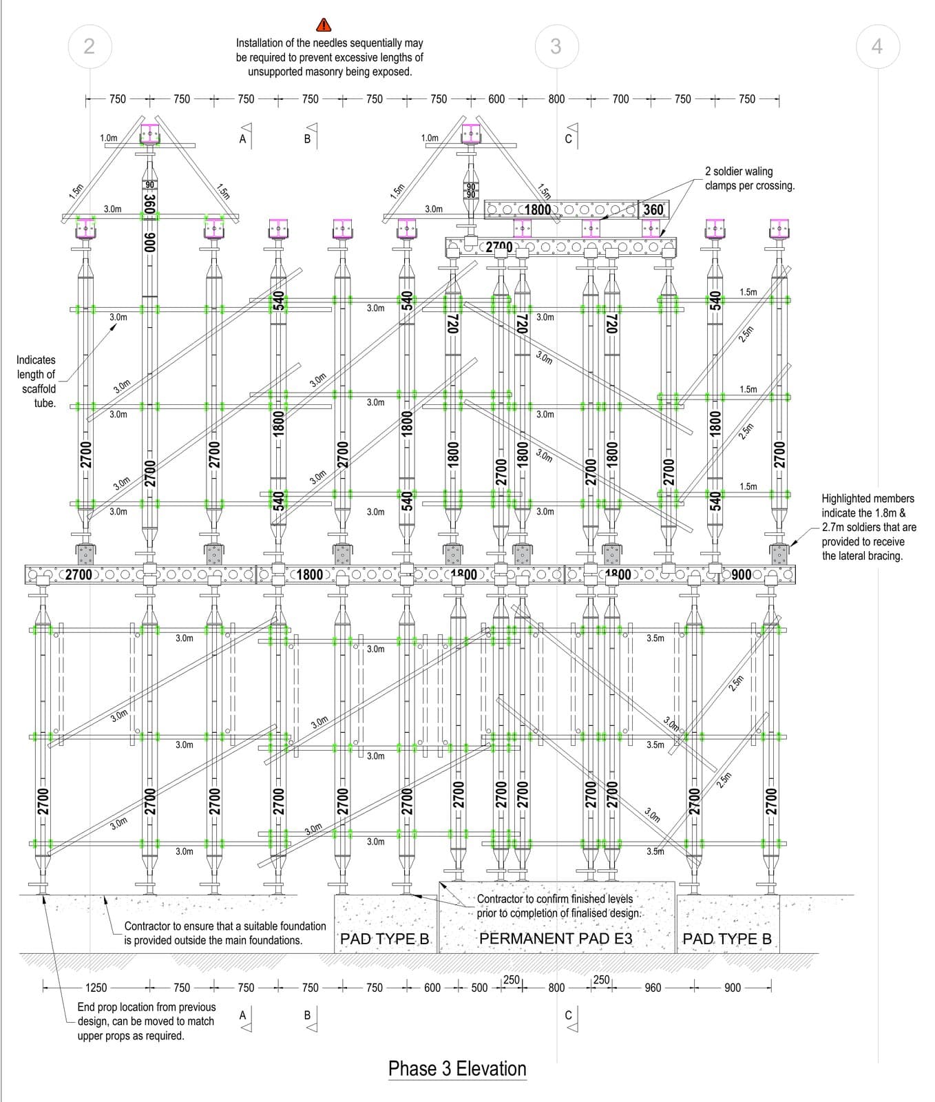 Phase 3 elevation of the two-tier Slimshore needling for the ground-floor column removal