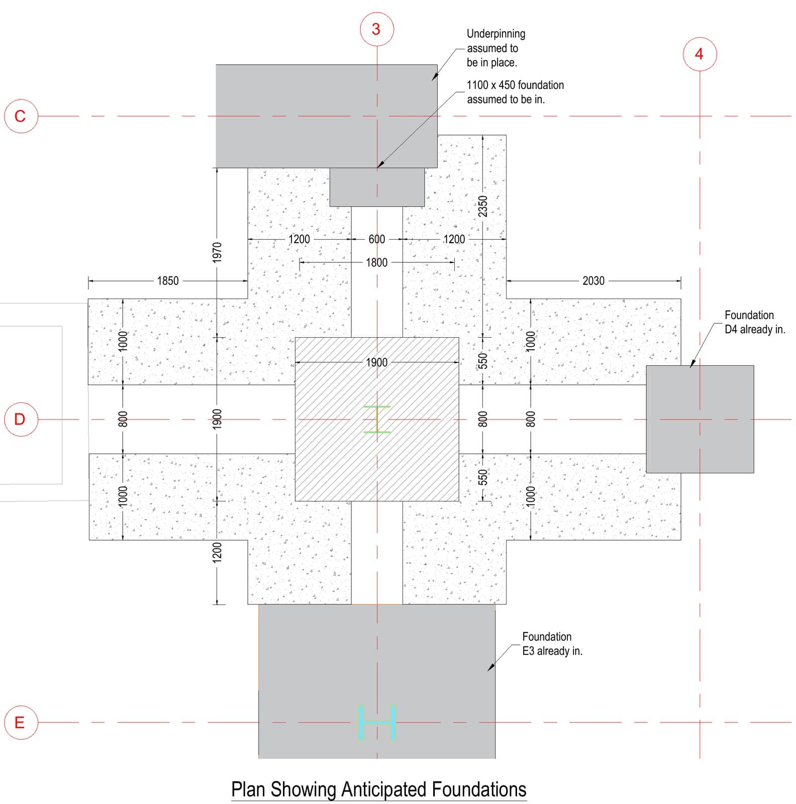 Plan showing the anticipated foundations beneath the Slimshore needling