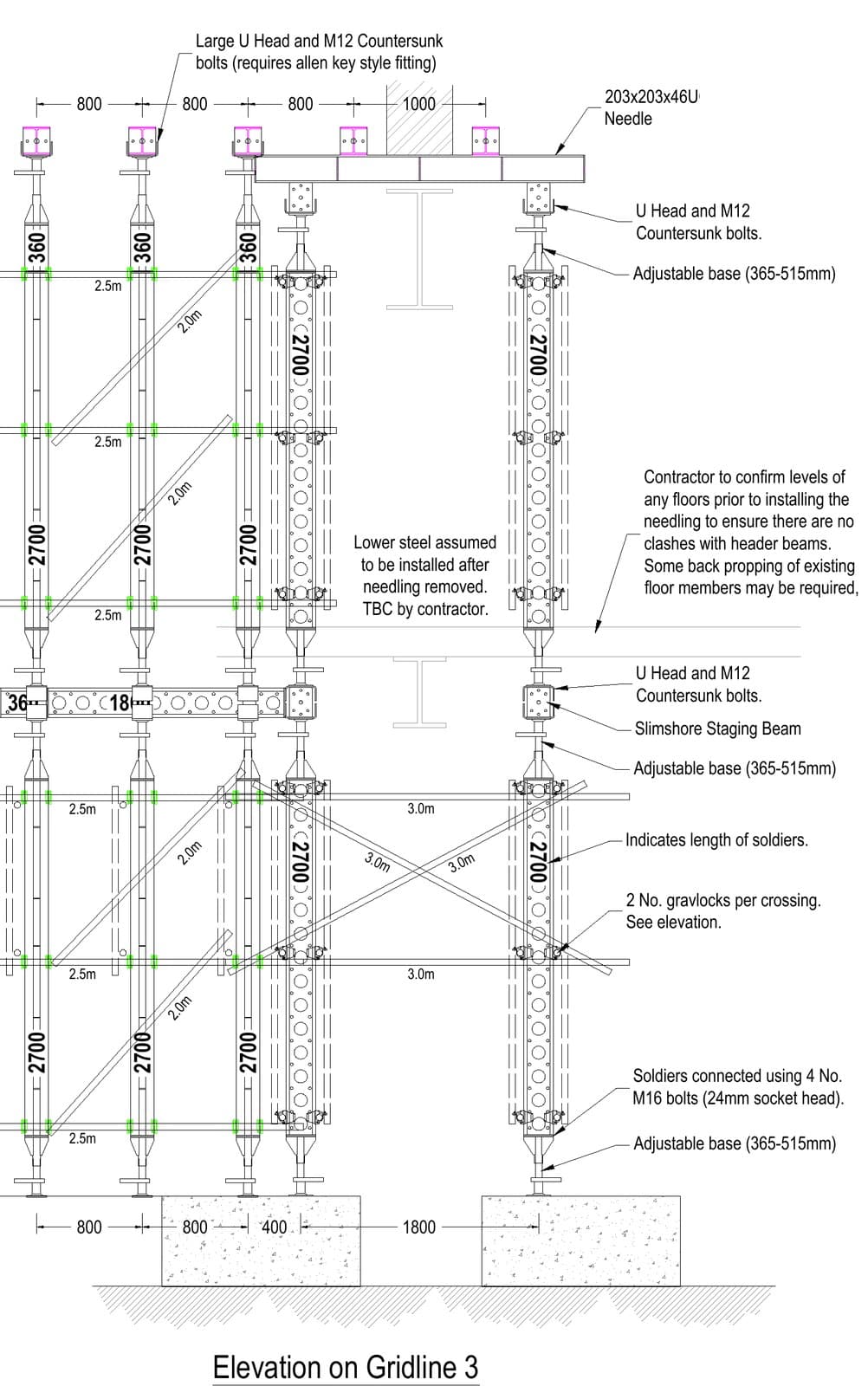 Elevation of the Slimshore needling and staging beams on one gridline