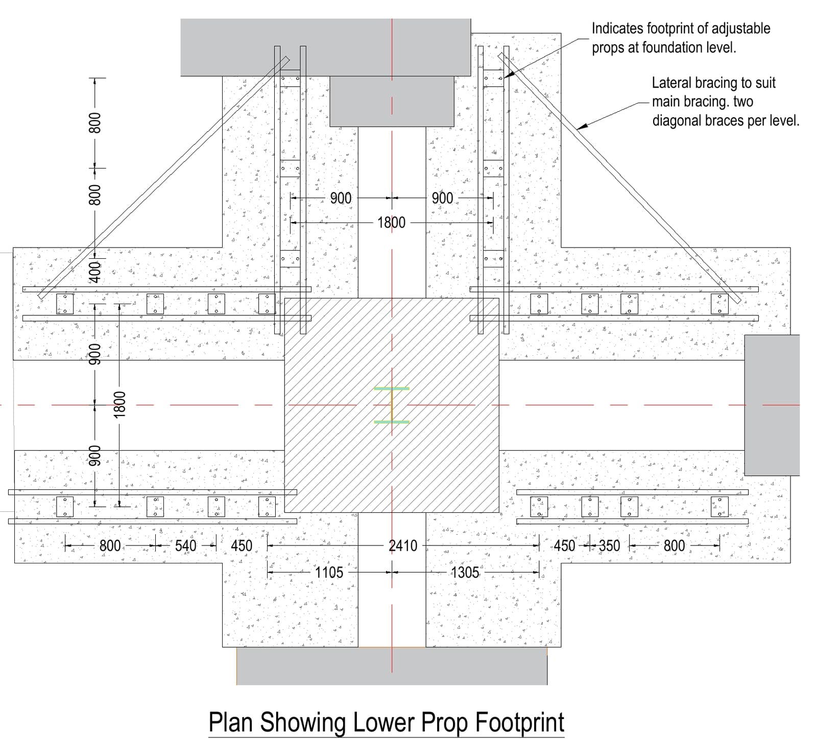 Plan showing the lower prop footprint on the sacrificial foundations