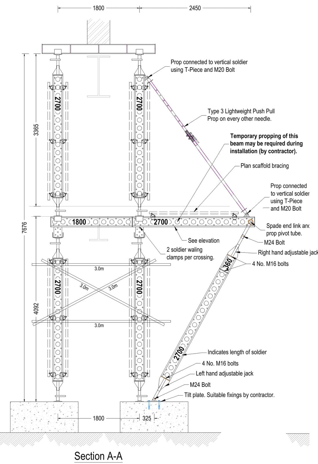 Section A-A through the Slimshore column-removal needling with raking soldier restraint