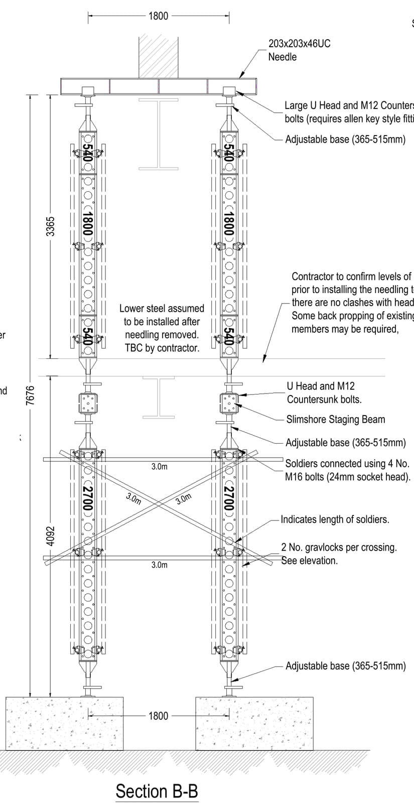 Section B-B through the Slimshore needling showing soldiers on a staging beam