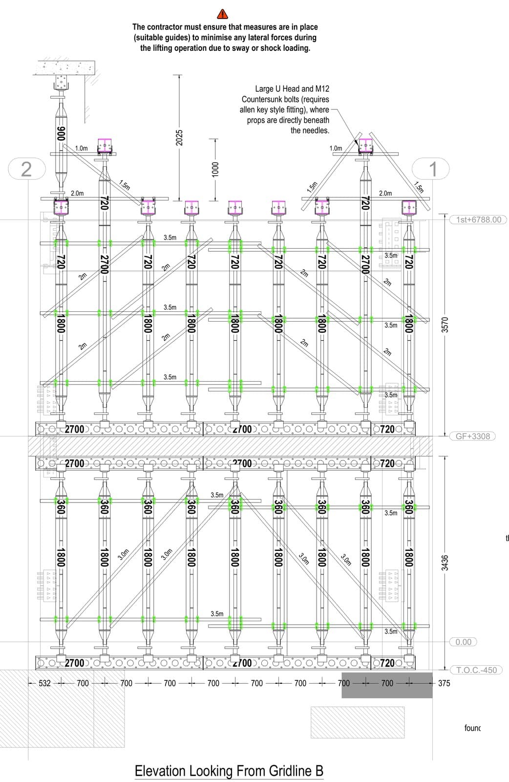 Elevation of Slimshore needling on a two-storey wall line, looking from the gridline