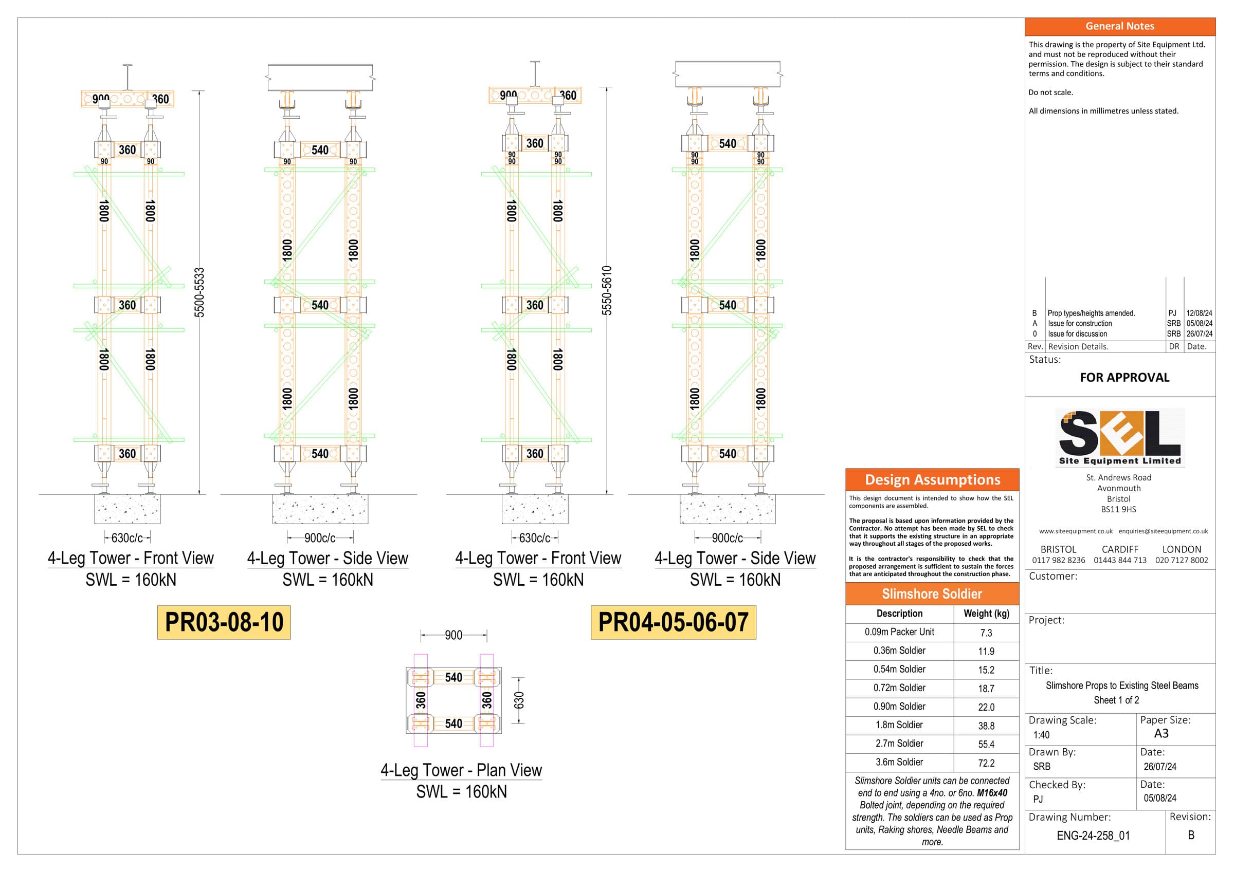 Temporary works design drawing sheet 1 showing Slimshore props supporting retained steel beams