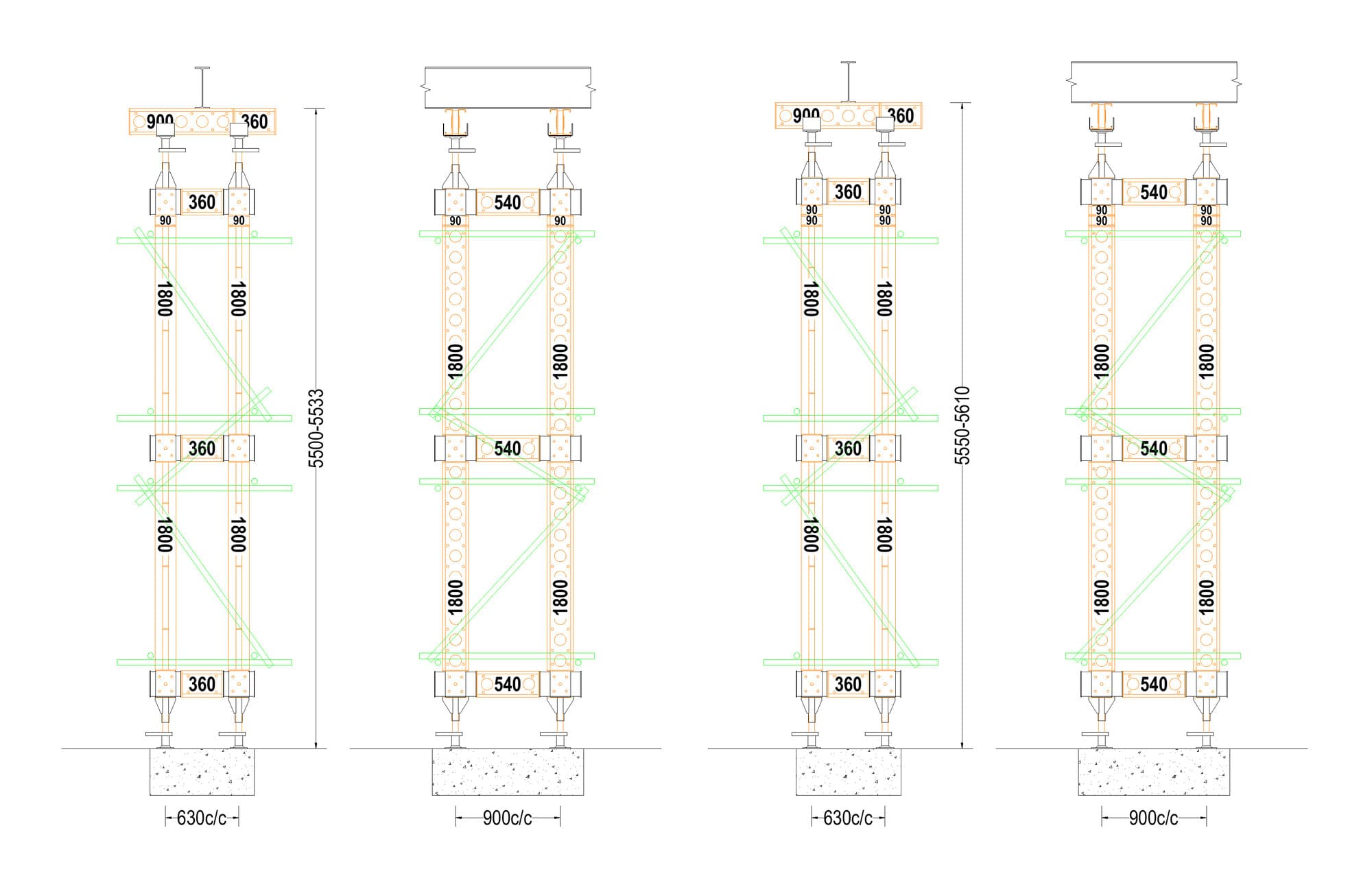 Temporary works design elevation drawing of the 160kN Slimshore propping tower arrangement