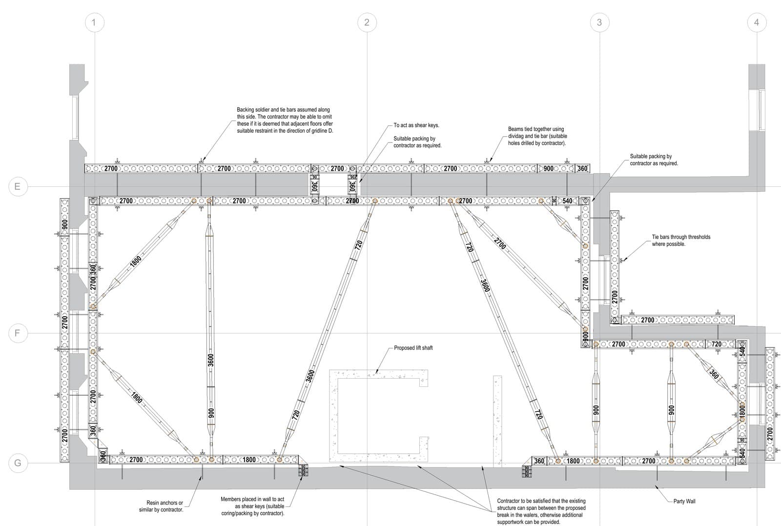 Floor plan of the Slimshore plan brace with soldier walers and diagonal push-pull props