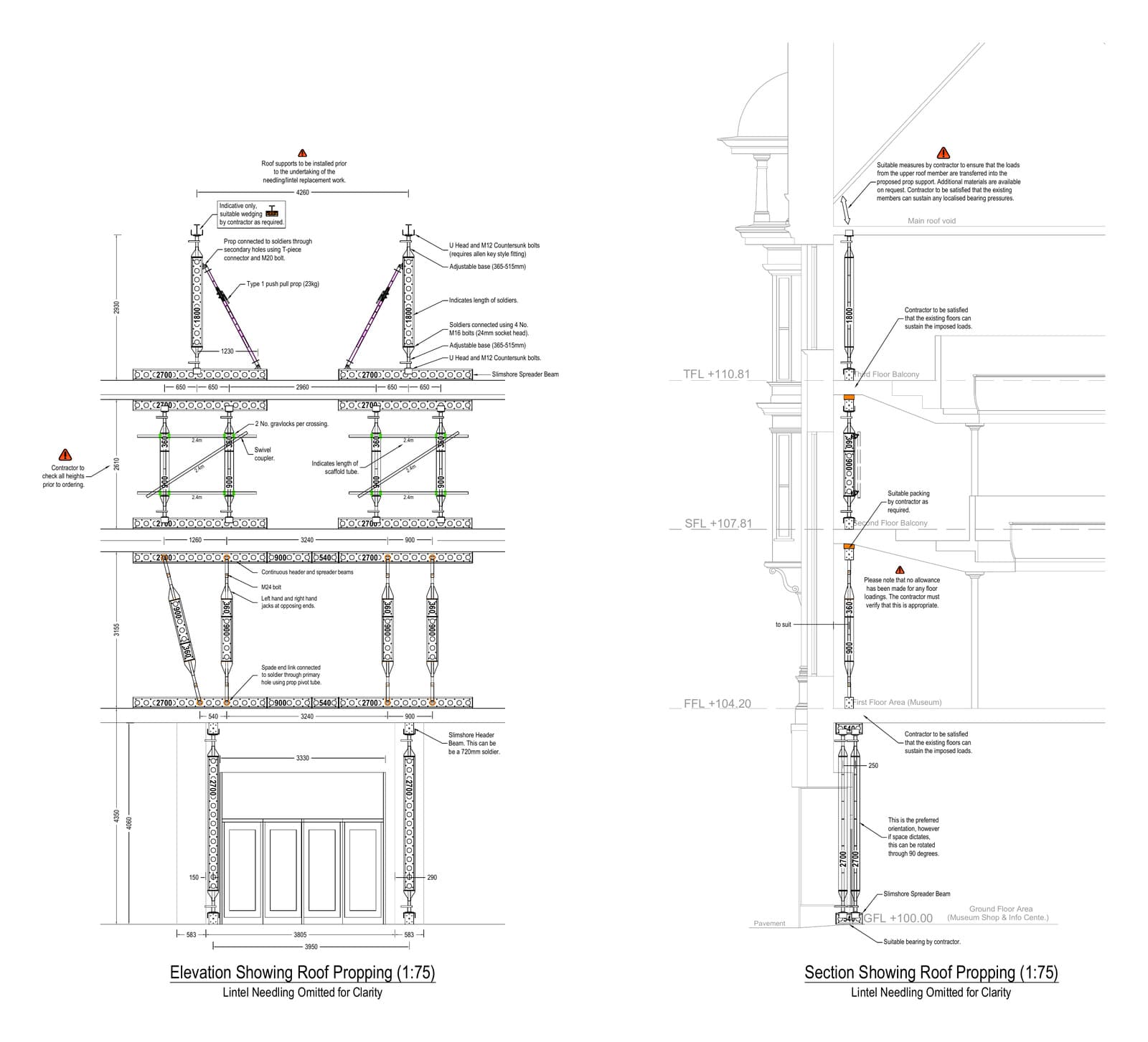Elevation and section of the Slimshore roof propping from the roof void down to the ground-floor shop