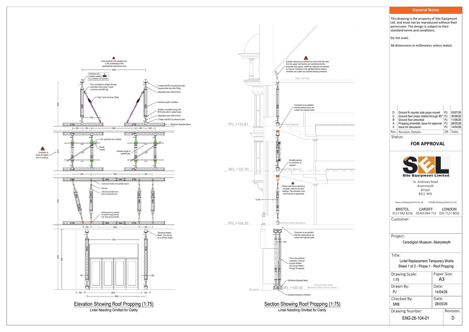 SEL Temporary Works Design sheet 1 showing Phase 1 roof truss propping at Ceredigion Museum
