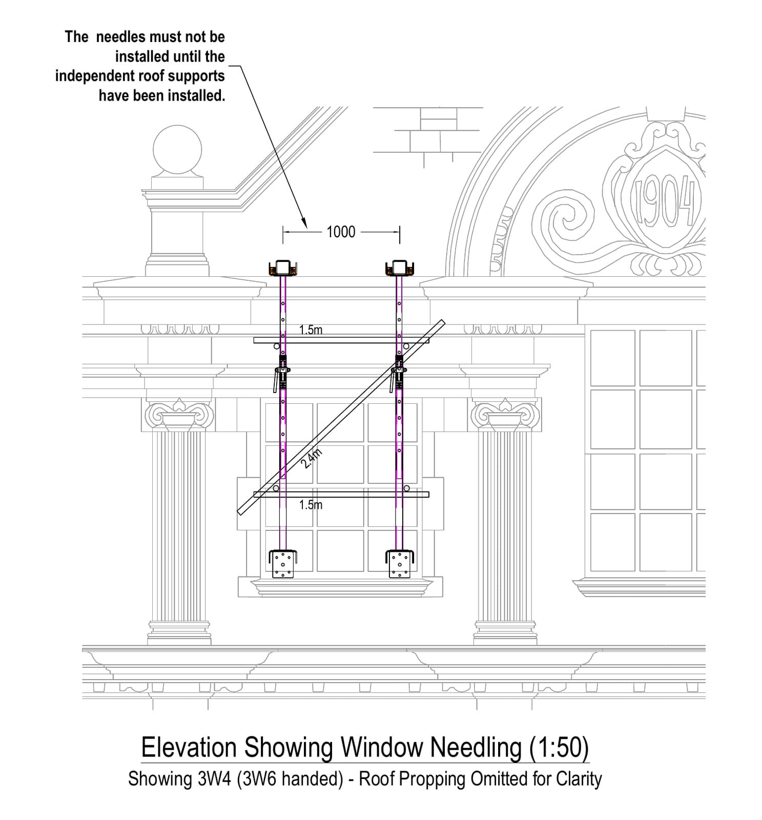 Elevation of the reverse needling within a third-floor window on the terracotta façade