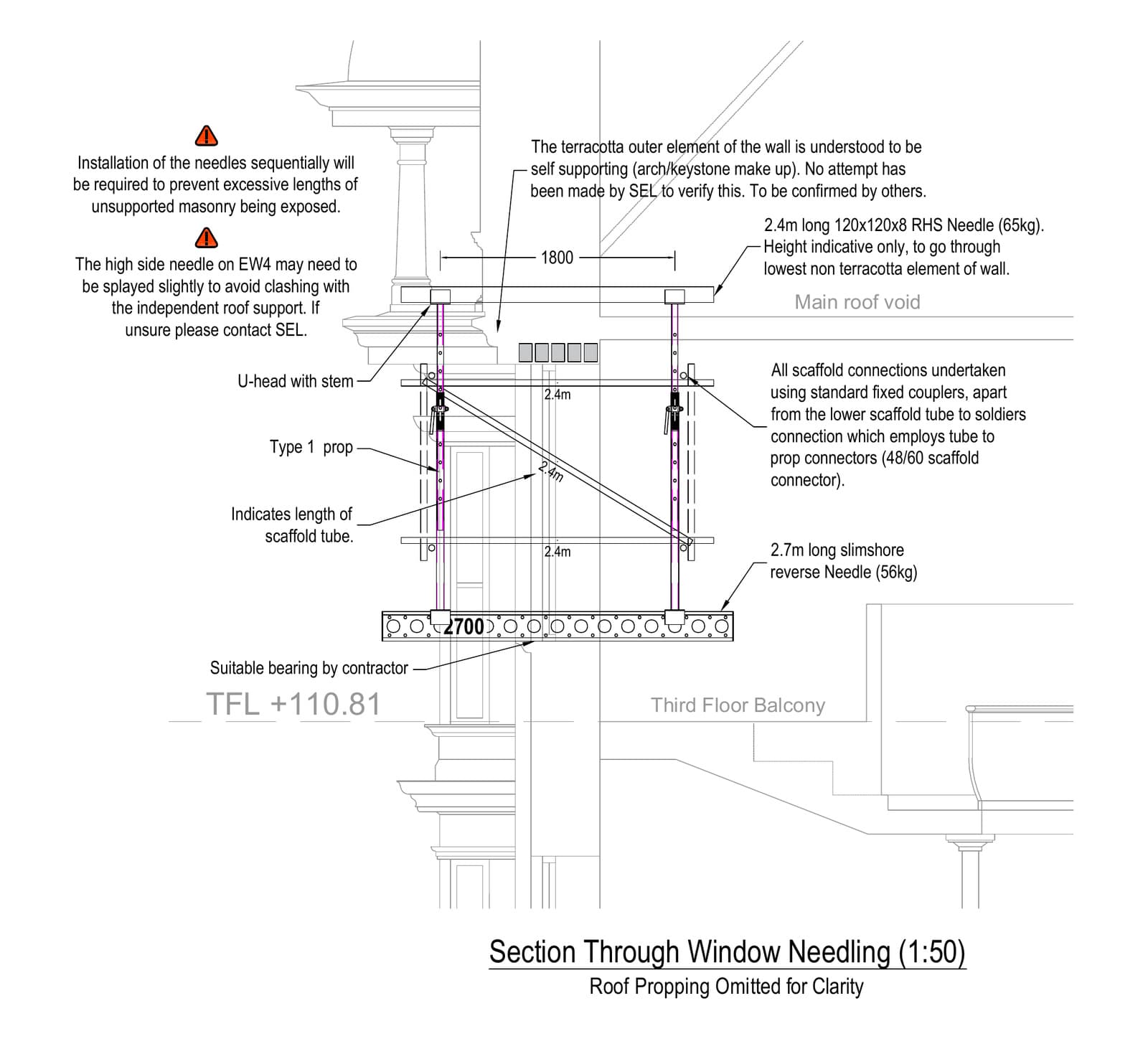 Section through the window needling showing the 120x120x8 RHS needle, Type 1 props and 2.7m Slimshore reverse needle