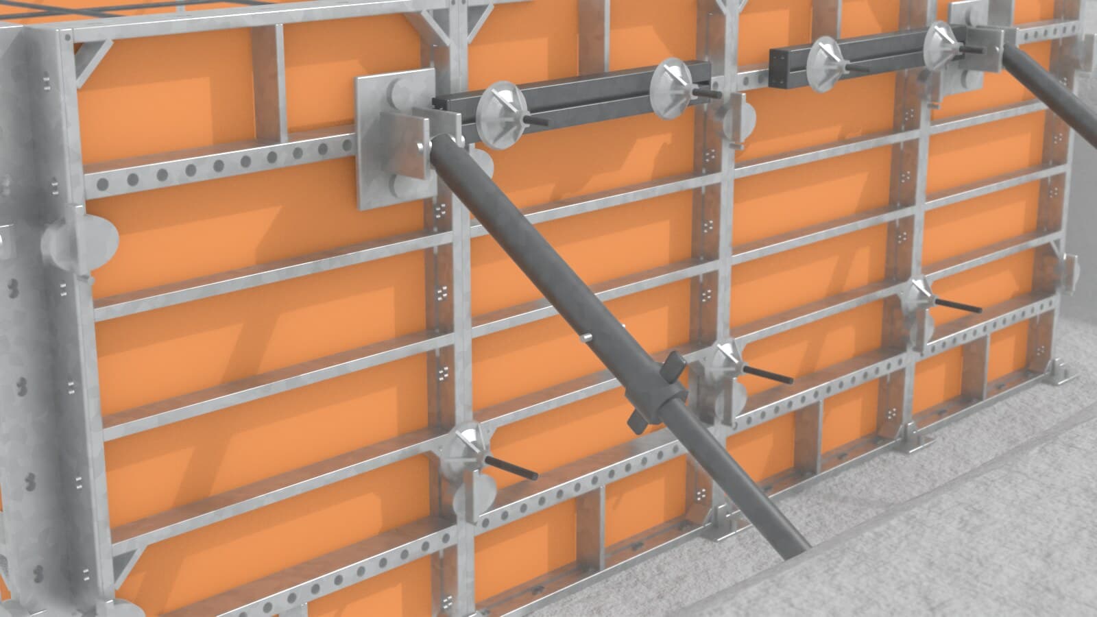 Trench strut pinned into a Frami prop head at the top tie row