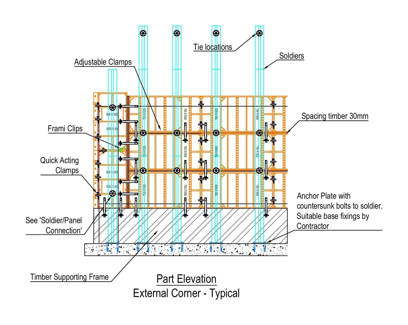 Part elevation of the Frami and Slimshore formwork at a typical external corner