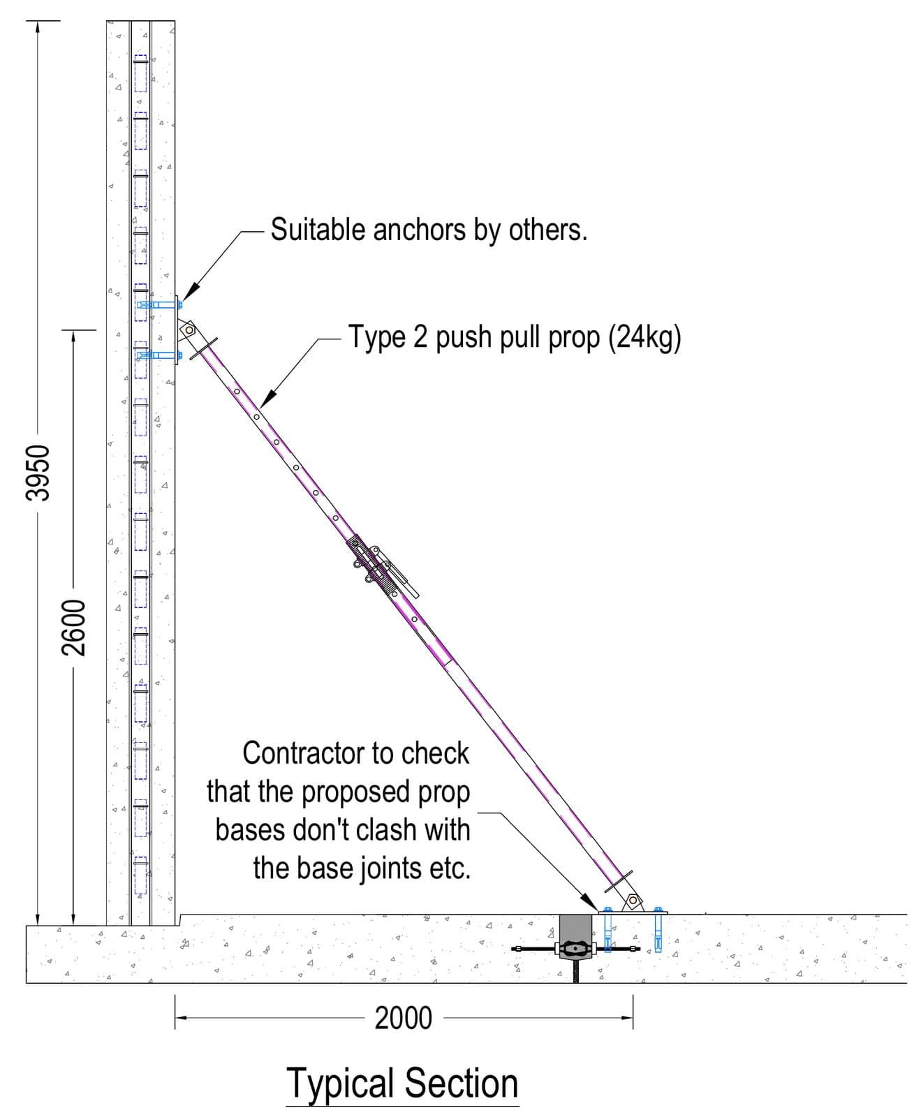 SEL Temporary Works Design typical section of a Type 2 push-pull prop anchored to a 3950mm precast wall panel at 2600mm and to the base slab 2000mm from the wall