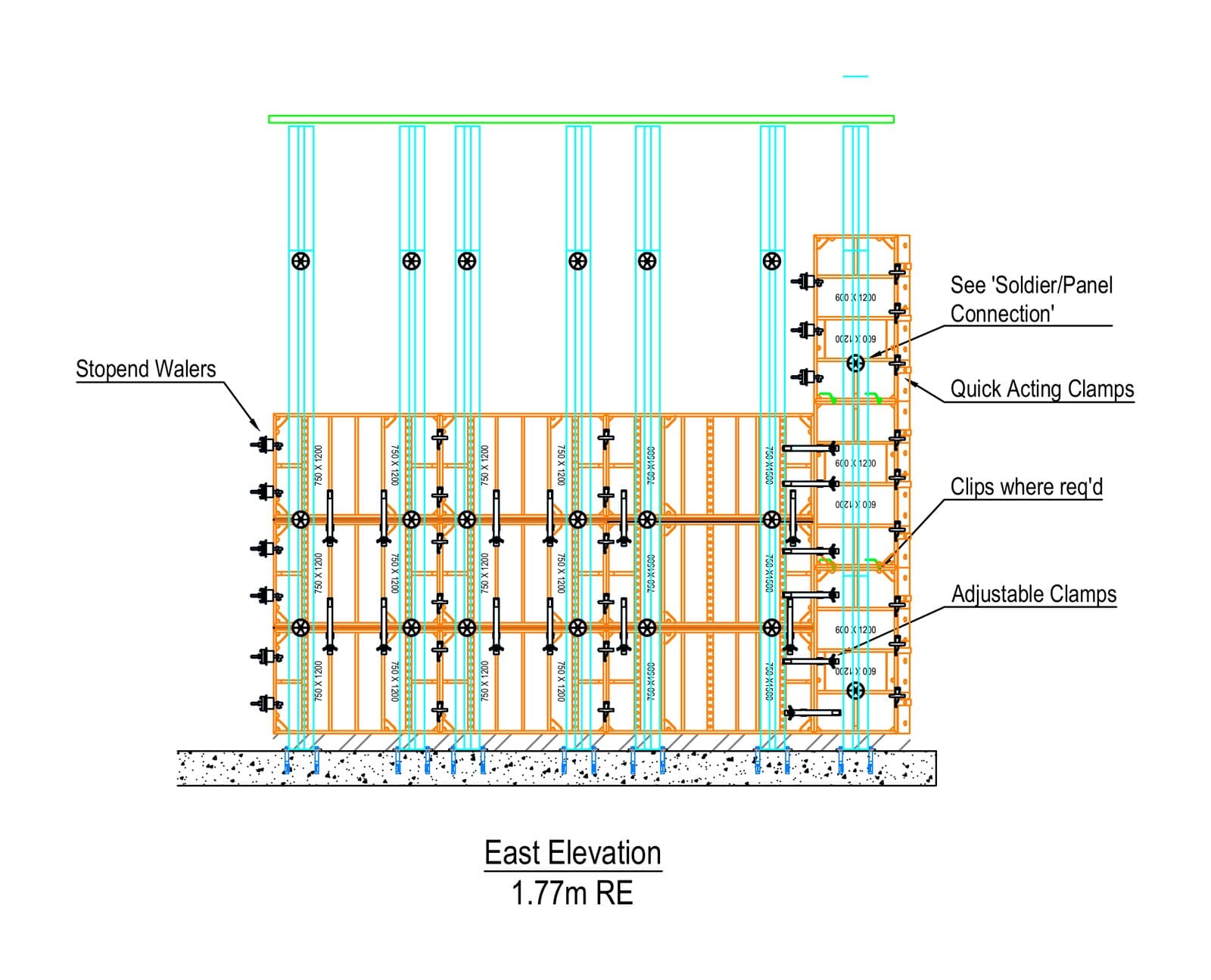 East elevation of the rammed earth formwork for a 1.77m high wall