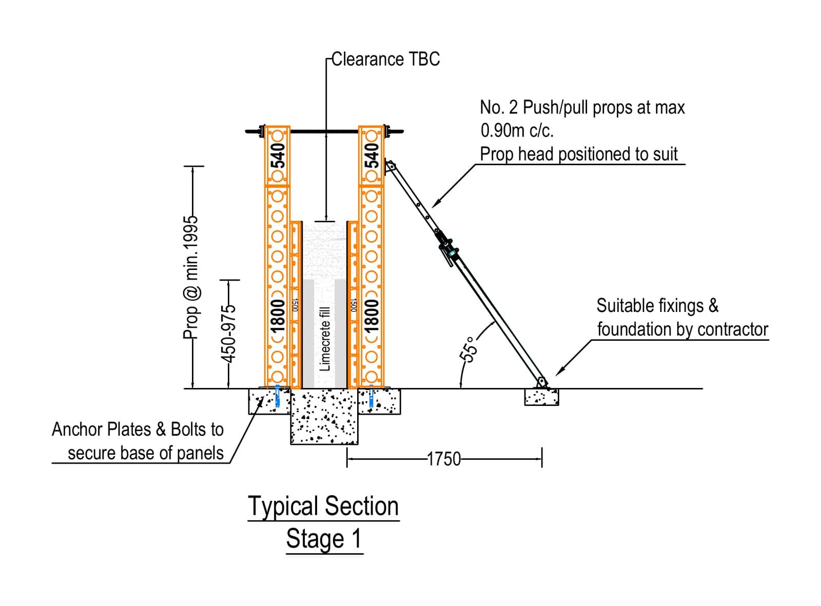Typical section of the rammed earth formwork at stage 1, with limecrete fill between the panels