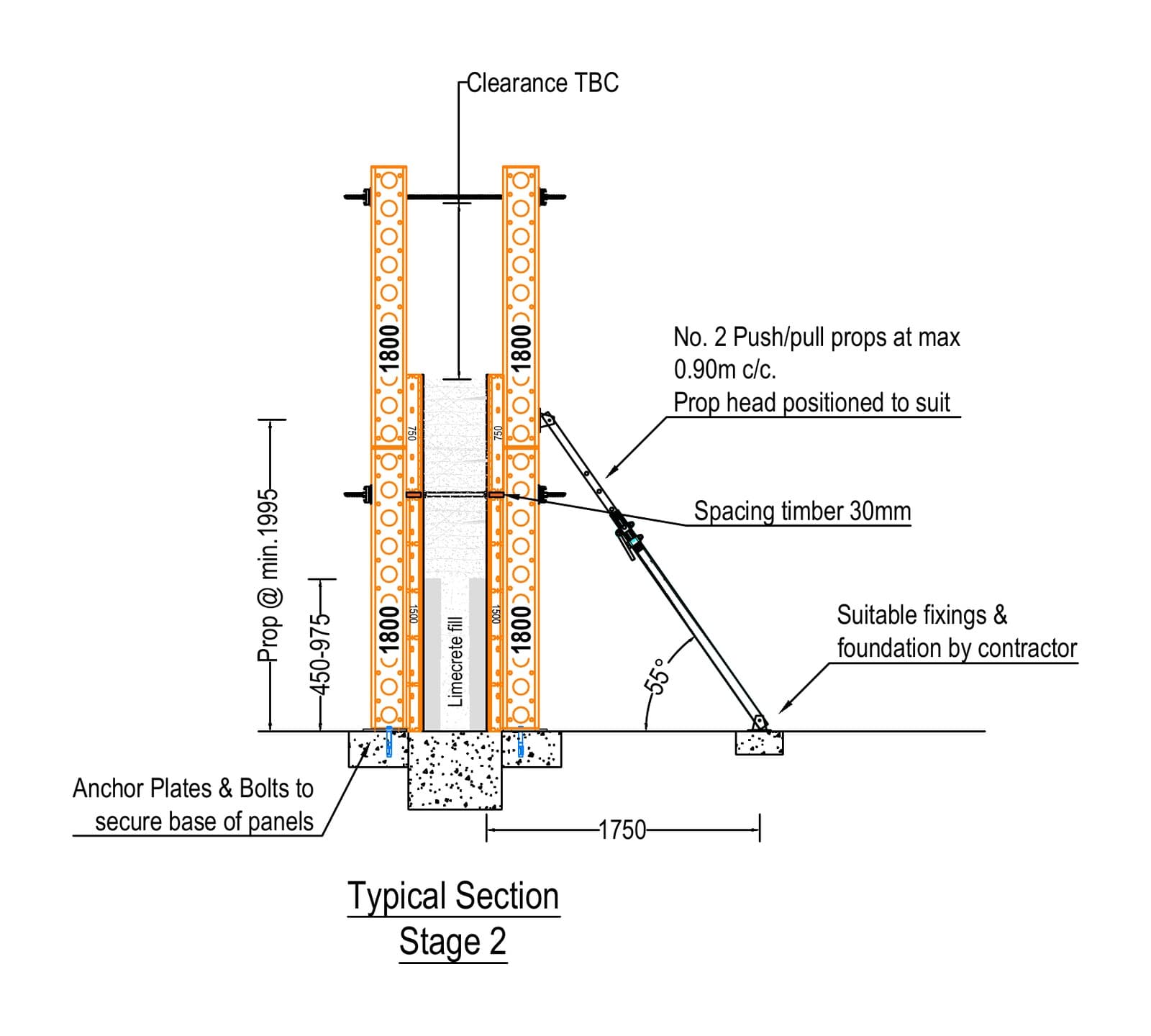 Typical section of the rammed earth formwork at stage 2, with the panels built up a second lift