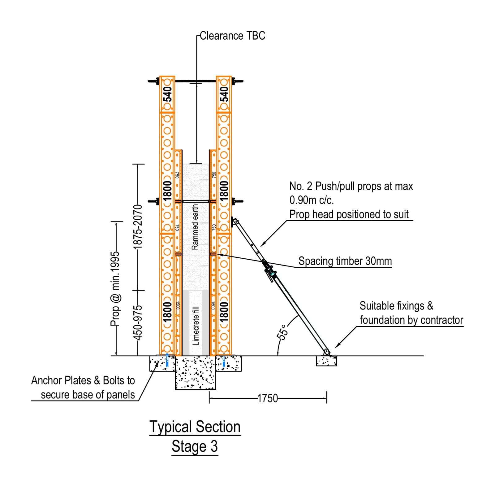 Typical section of the rammed earth formwork at stage 3, with rammed earth placed to the upper panel