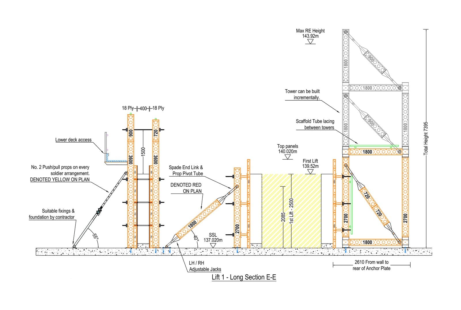 Long section E-E through the stair core formwork, with the Slimshore tower that was built up incrementally