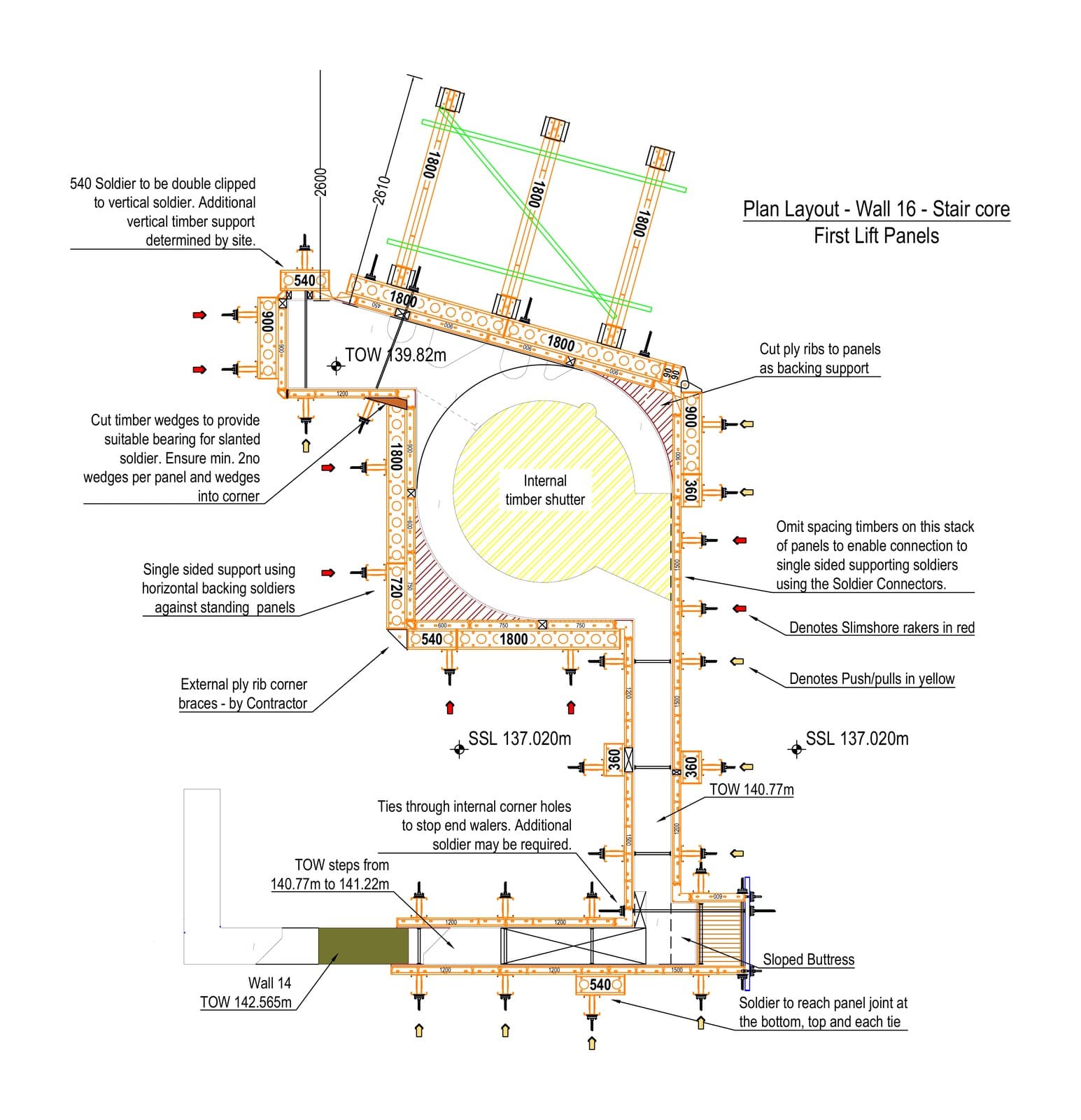 Plan layout of the Wall 16 stair core formwork for the first lift of panels