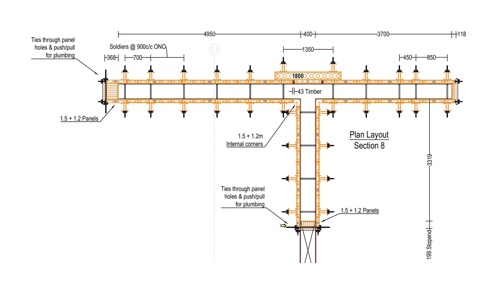 SEL Temporary Works Design plan layout of the rammed earth formwork for the T-shaped Section 8