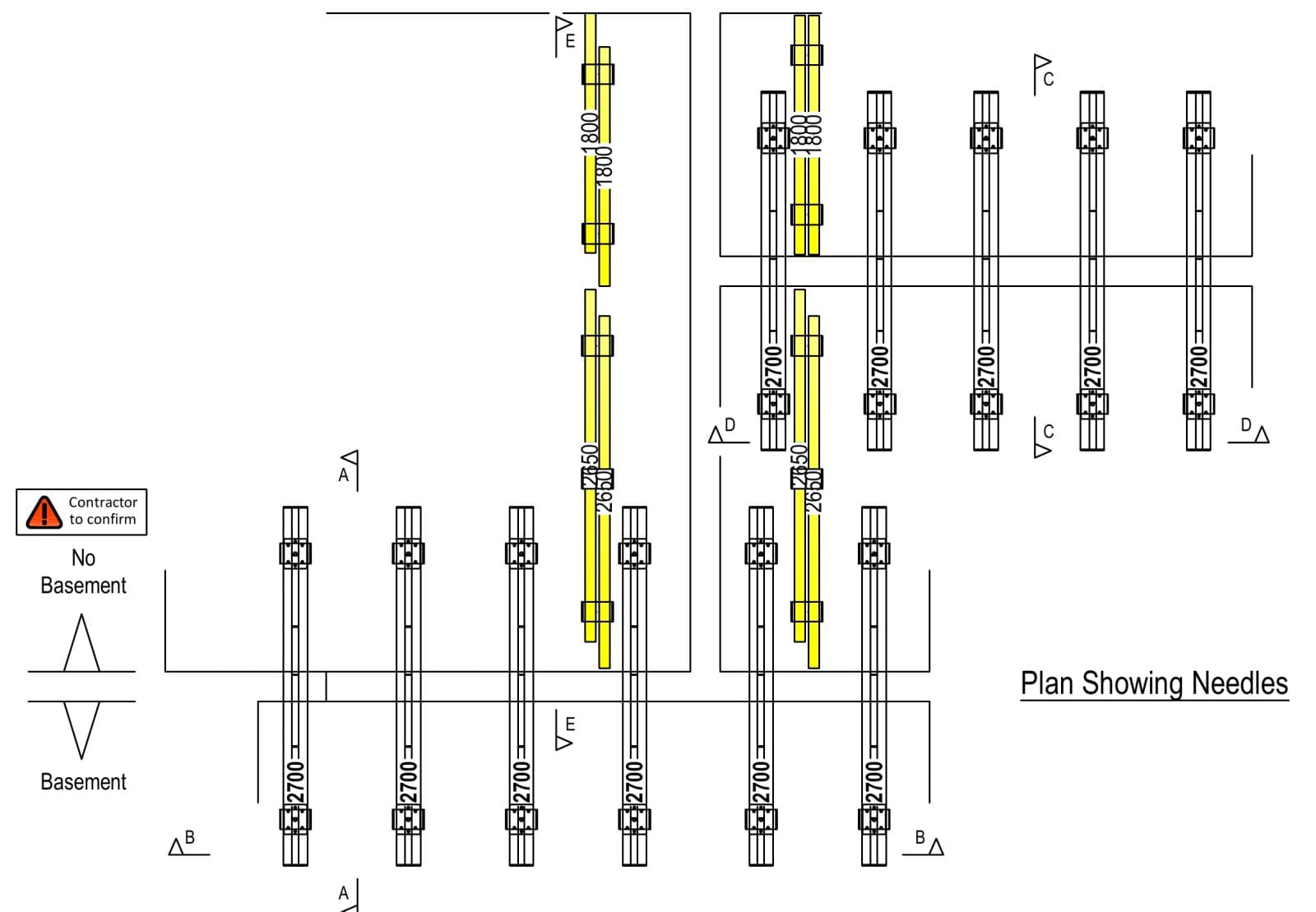 Plan of the Slimshore needles for the ground floor shop frontage opening, with the basement extent marked