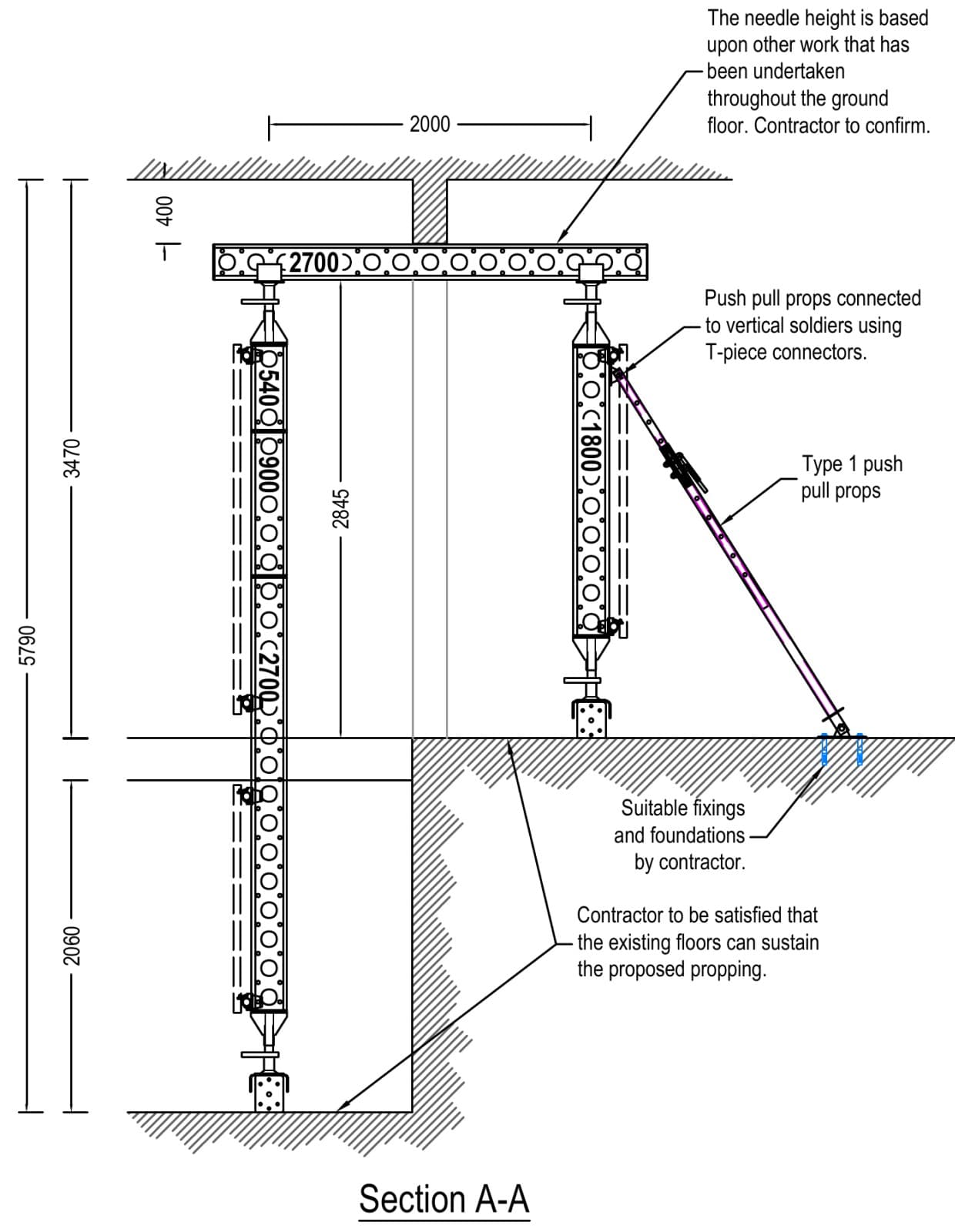 Section A-A through the shop frontage needling, with 2.7m Slimshore needles on props through the ground floor to the basement