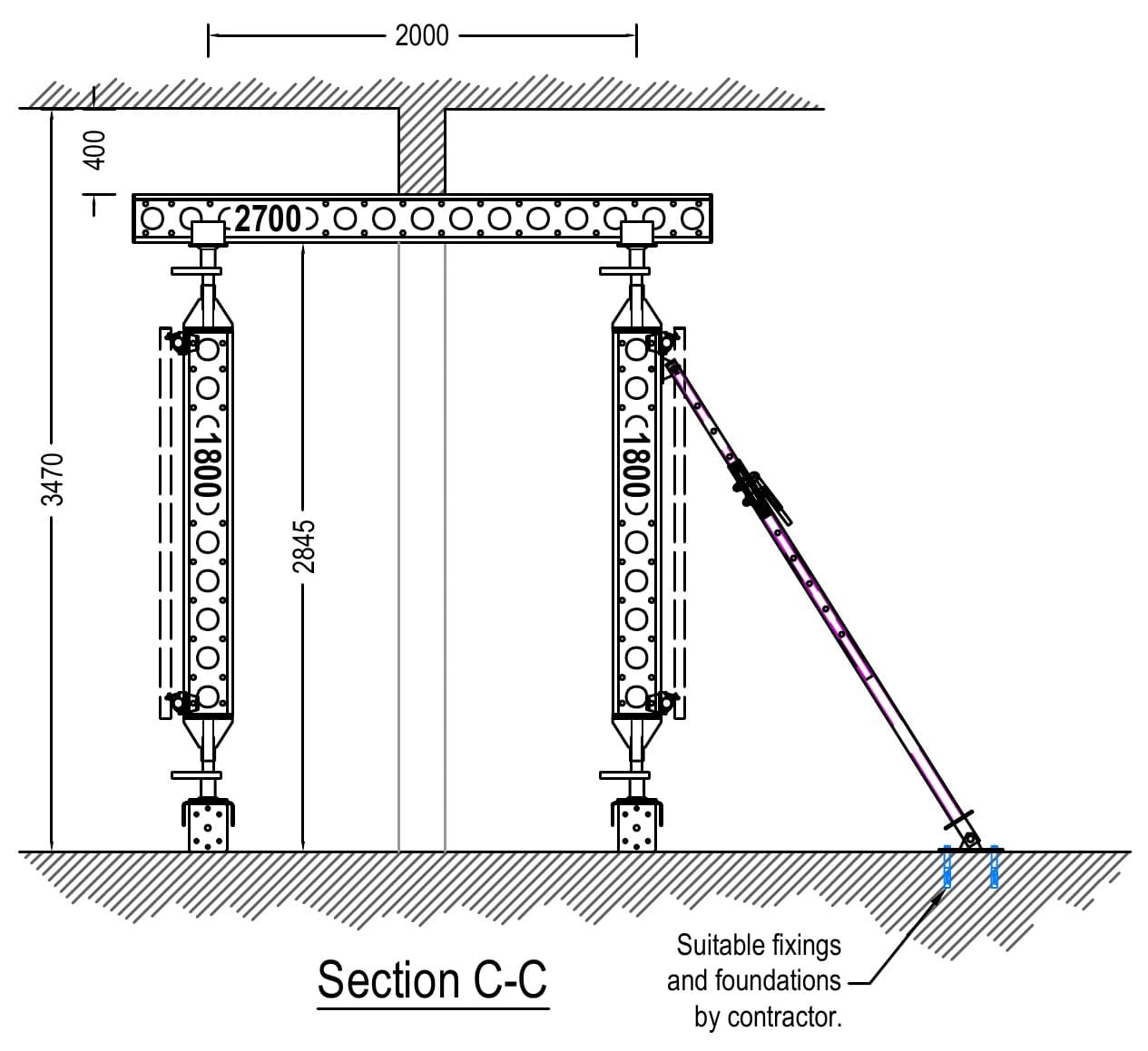 Section C-C through the shop frontage needling where there is no basement, with a Type 1 push-pull prop