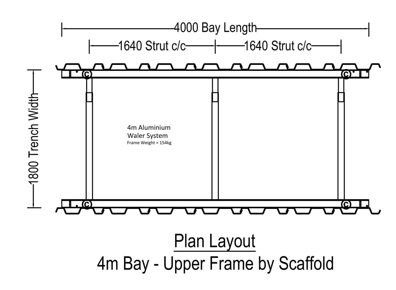 Plan layout of the 4m aluminium waler frame on the upper level beside the scaffolding, with struts at 1,640mm centres
