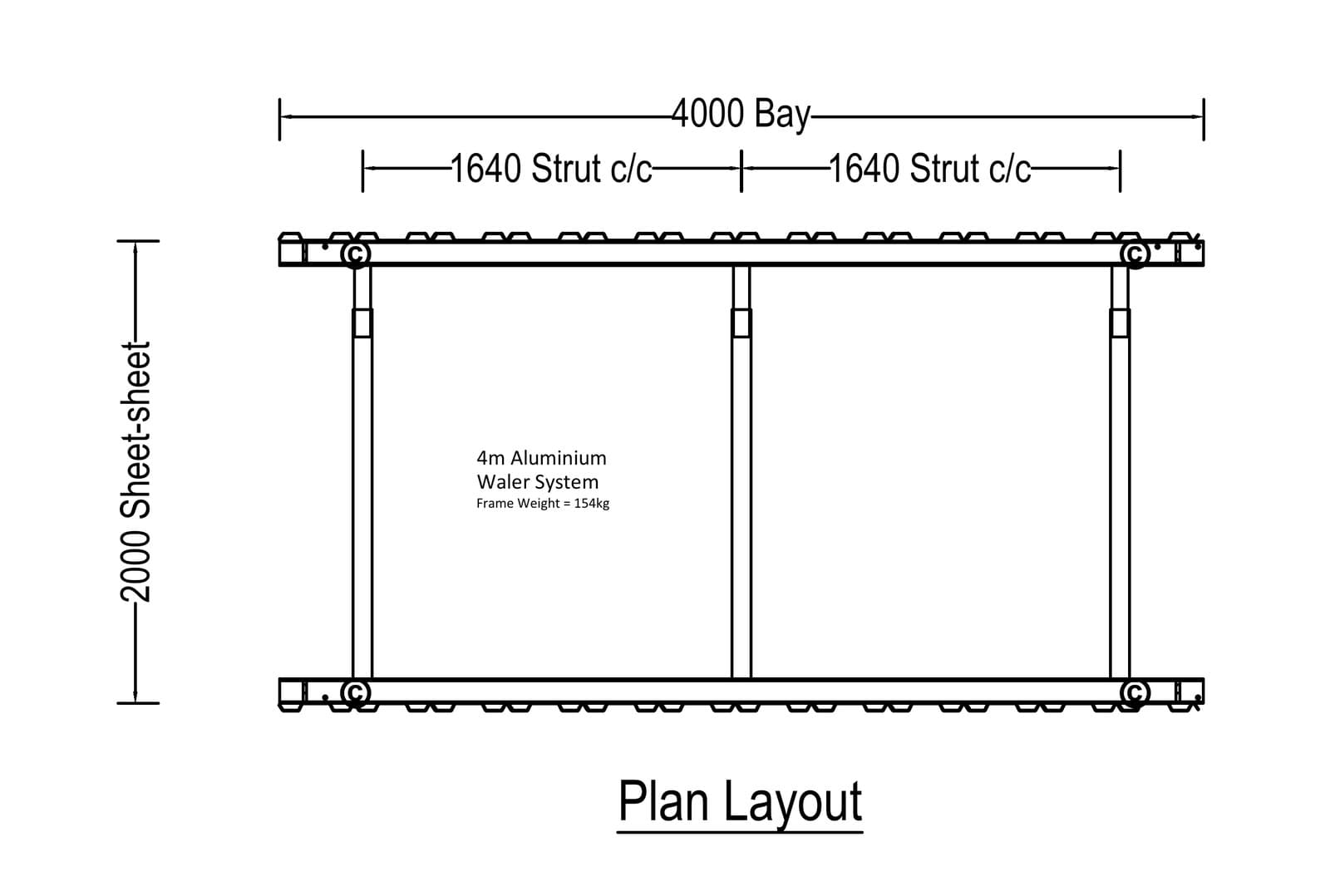 Plan layout of the 4m aluminium waler frame in the Castle Park trench, 2,000mm sheet to sheet
