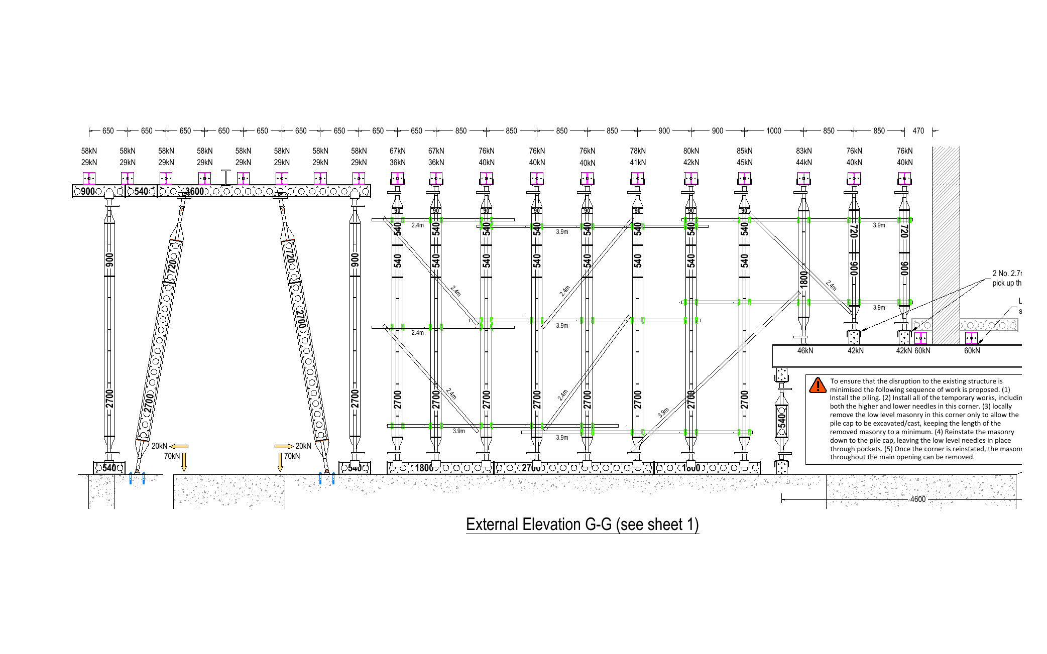 Temporary works design external elevation of the Slimshore propping and needling arrangement across the 15m shoring run
