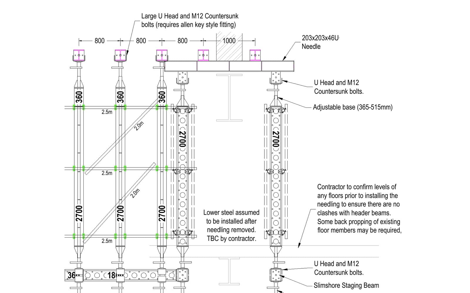 Temporary Works Design elevation of the Slimshore needling and staging beams on one gridline of the Paddington hotel
