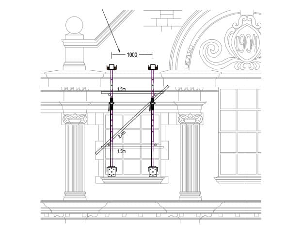 Temporary Works Design elevation of the Slimshore reverse needling at a third-floor window of Ceredigion Museum