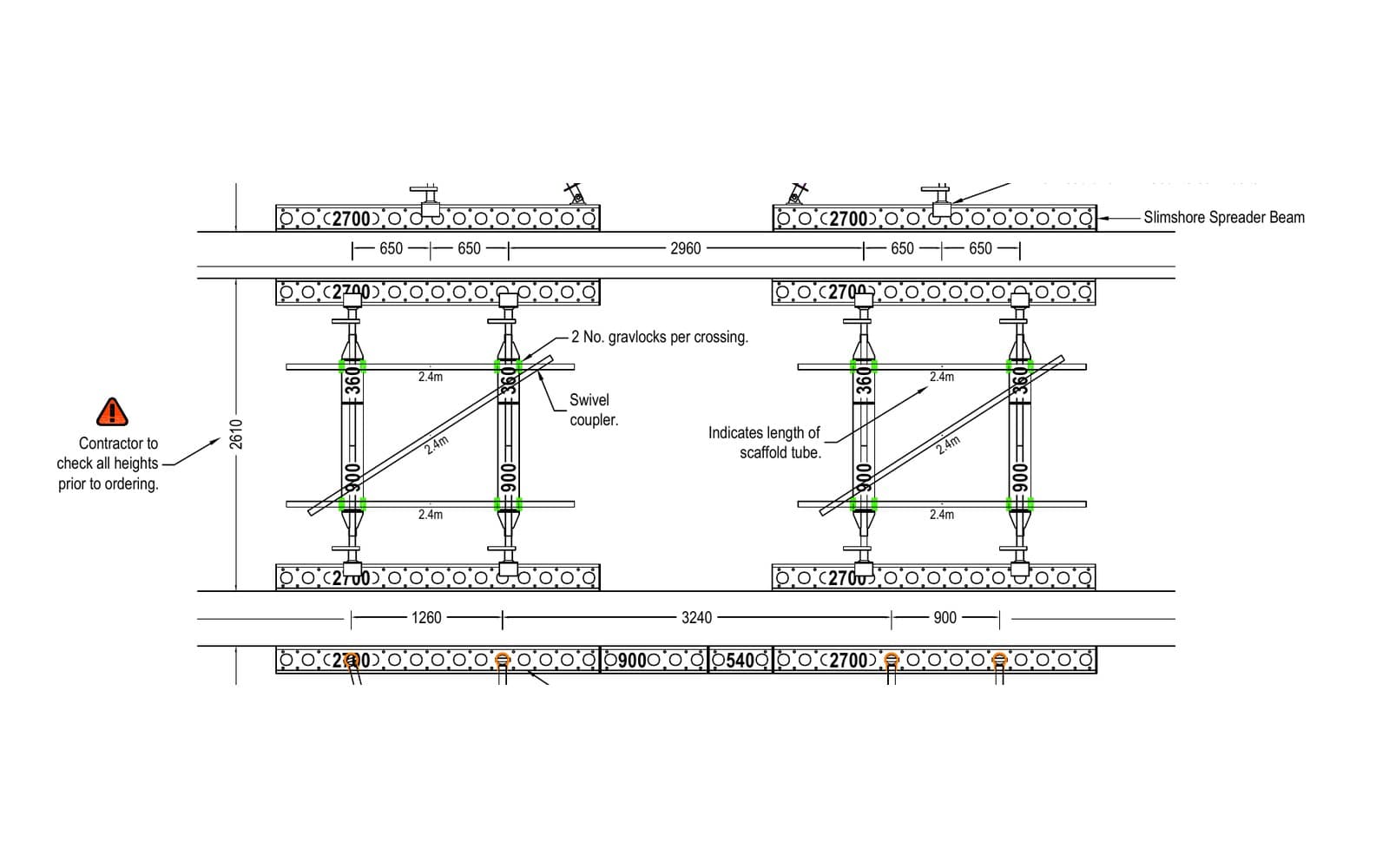 Temporary Works Design elevation of the Slimshore roof propping at third-floor level inside Ceredigion Museum, with scaffold tube bracing between spreader beams