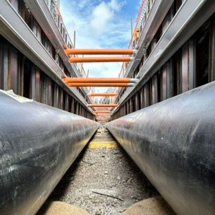 Twin district heating pipes laid in a trench supported by trench sheets and two levels of hydraulic waler frames beside scaffolding in Bristol